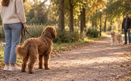 Labradoodle aan de lijn kijkt op veilige afstand naar een andere hond tijdens een rustige wandeling