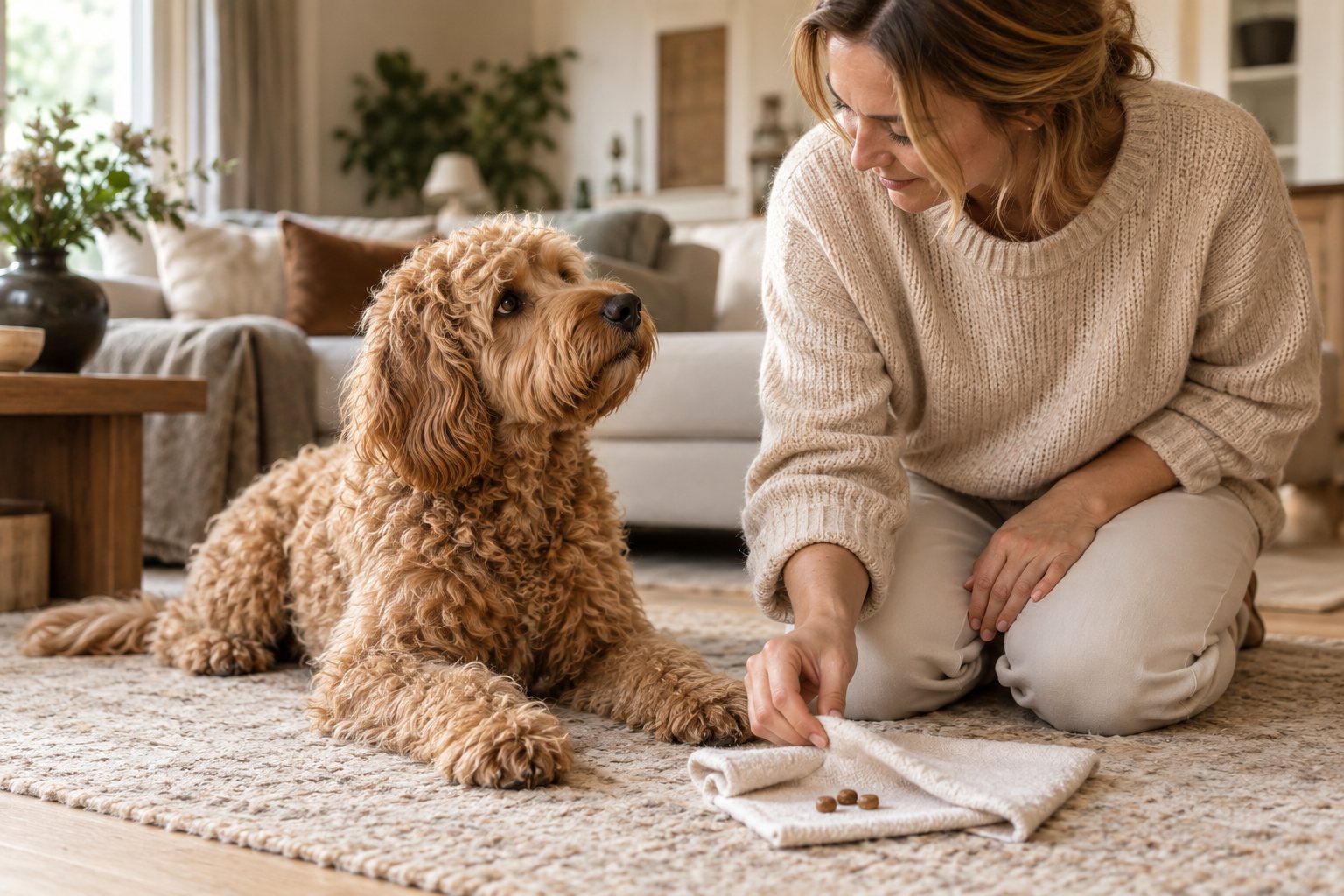 Een Labradoodle en zijn baasje spelen samen
