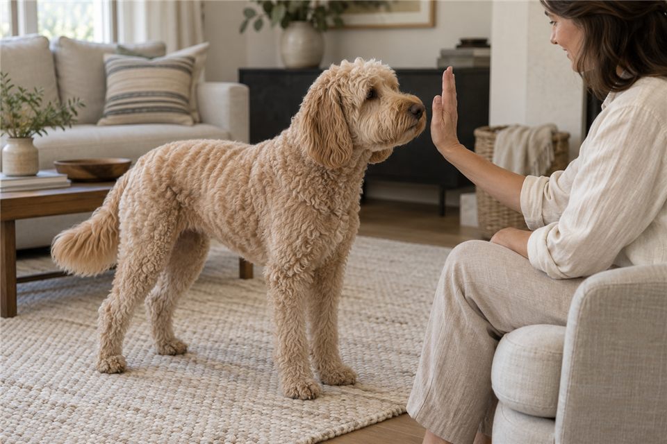 labradoodle-gedragsmastery Labradoodle brengt zijn neus naar de open hand van zijn baasje