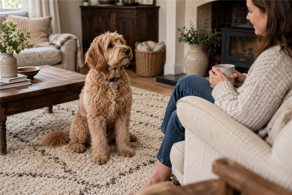 labradoodle-geheimen-overzicht Labradoodle kijkt rustig naar zijn baasje in de woonkamer