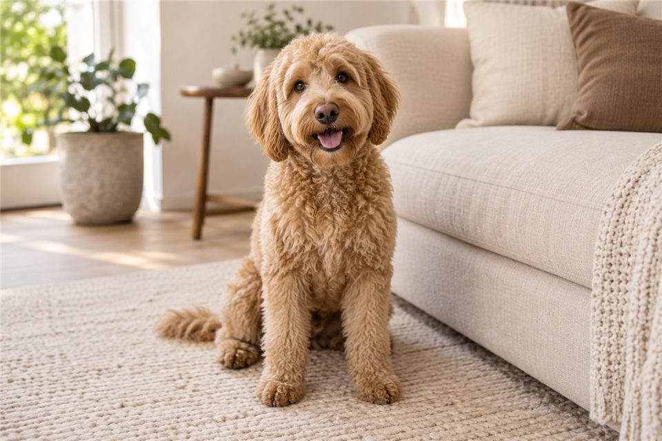 labradoodle-gratis-gids Labradoodle zit ontspannen bij een crèmekleurige bank