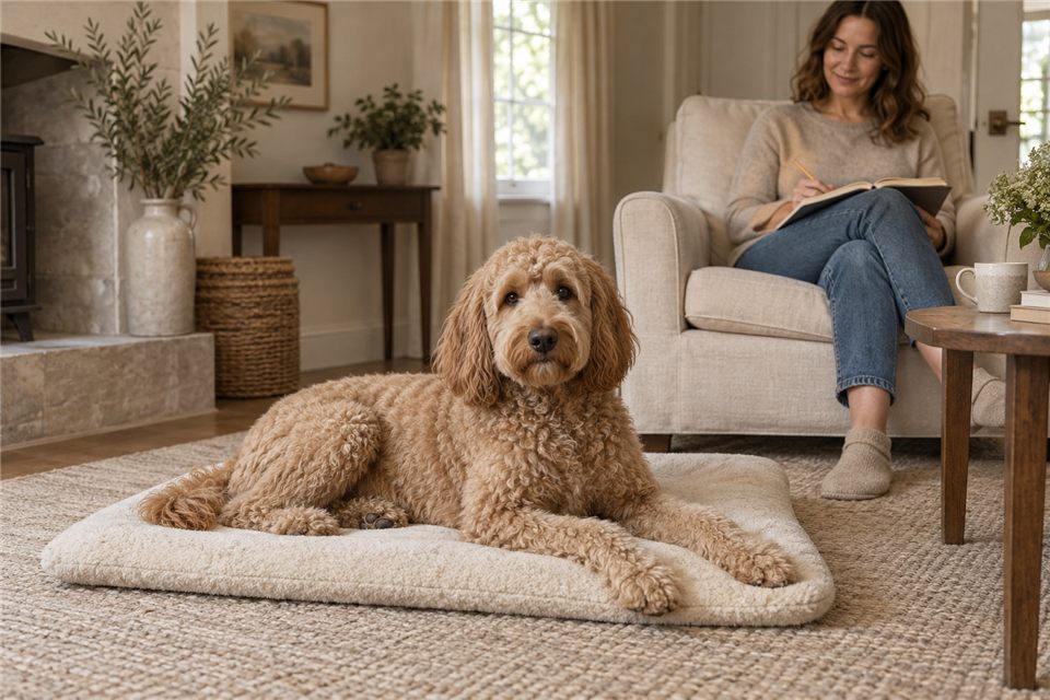 labradoodle-masterplan Labradoodle ligt wakker op een zachte mat bij zijn baasje